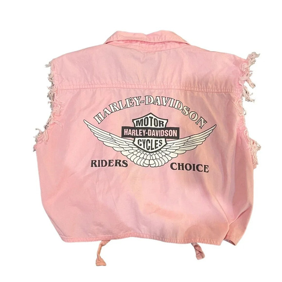Thunder Pink Harley Davidson Tie Front Sleeveless Cropped Button-Up Womens Large - Picture 3 of 3